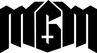 Logo Mark for 'Mall Goth Moths' band, featuring a stylized, heavy metal-inspired gothic or blackletter typography with the letters 'MGM' and a small upsidedown cross icon in the center of the "G".