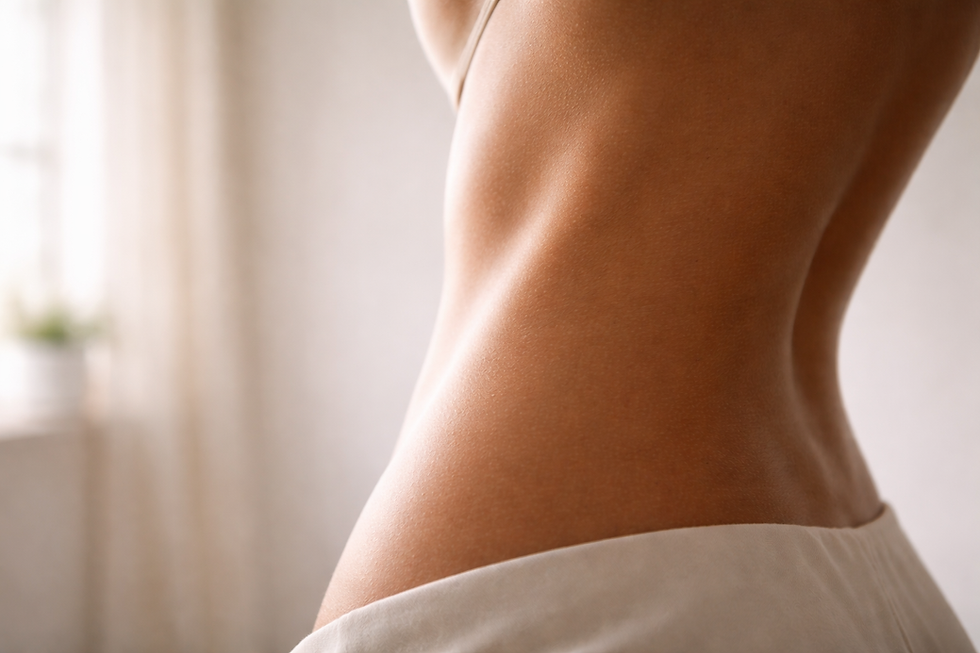 Close-up of a woman’s side torso with a smooth, even spray tan, soft light creating natural definition across the waist and ribs with no harsh lines or patchiness.