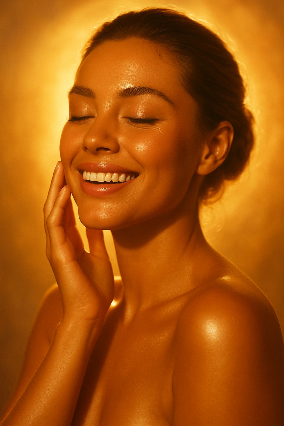 Close-up of a smiling woman with glowing, bronzed skin, eyes closed, and hand gently touching her cheek, illuminated by warm golden light.
