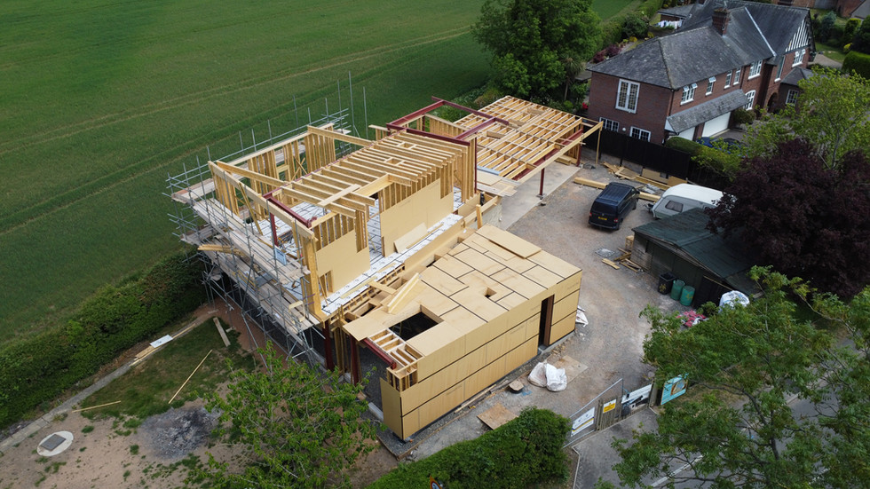 Aerial photo of construction site for timber frame house