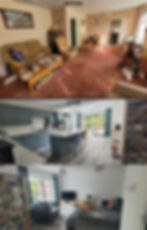 Before and after image of a living area. Before shows cluttered, carpeted room. After reveals modern kitchen, bright living space with grey floors.