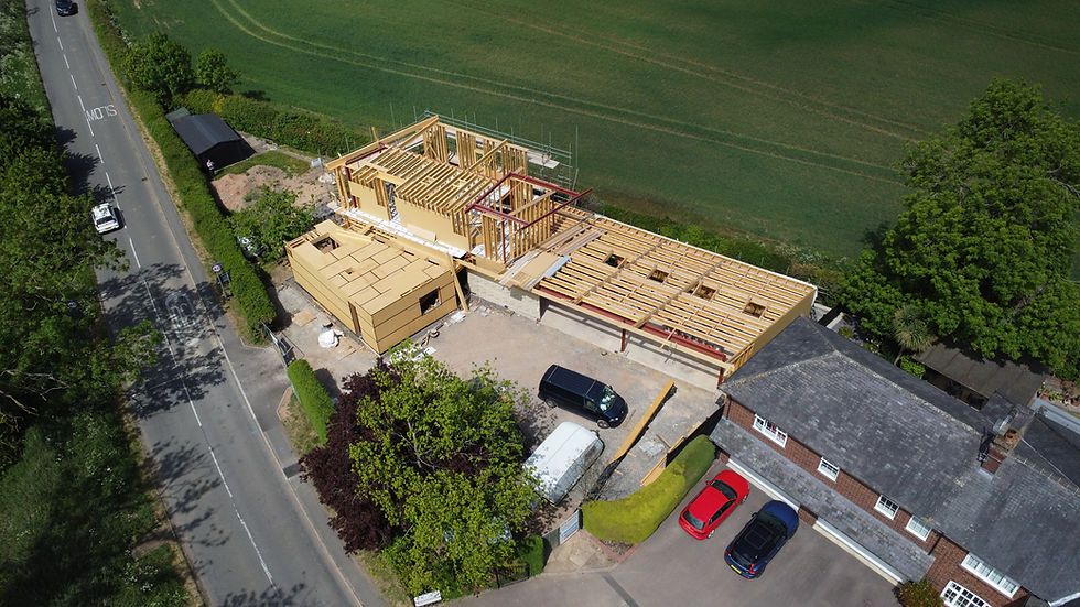 Drone image of construction site of new modern home
