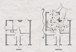Sketch architecture plans of existing and proposed concept for an extension