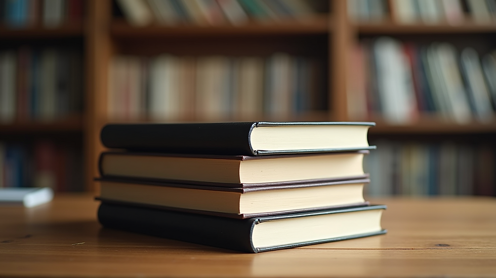 Eye-level view of a stack of academic books on a wooden table