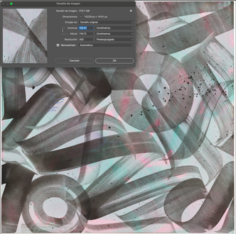 Diálogo de tamanho de imagem sobre uma reprodução de arte abstrata.