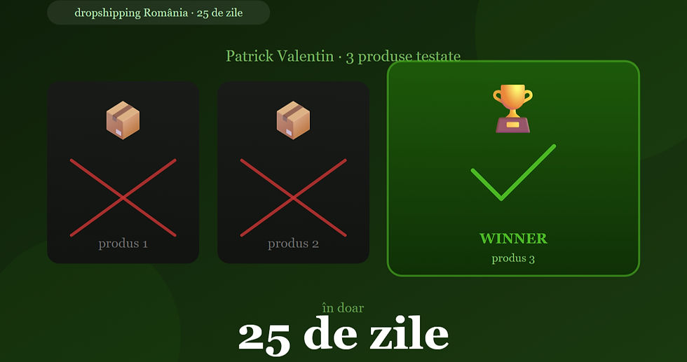 Andrei Valentin rezultate reale — 3 produse testate, 1 winner, 5.744 lei în 25 de zile pe piața românească