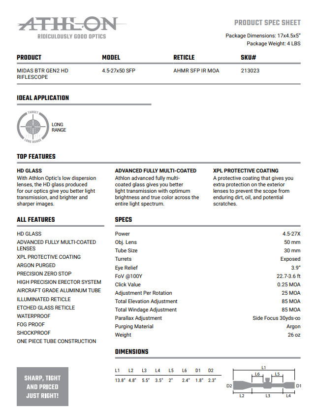 Thumbnail: MIDAS BTR GEN2 HD 4.5-27X50 AHMR SFP IR MOA RETICLE