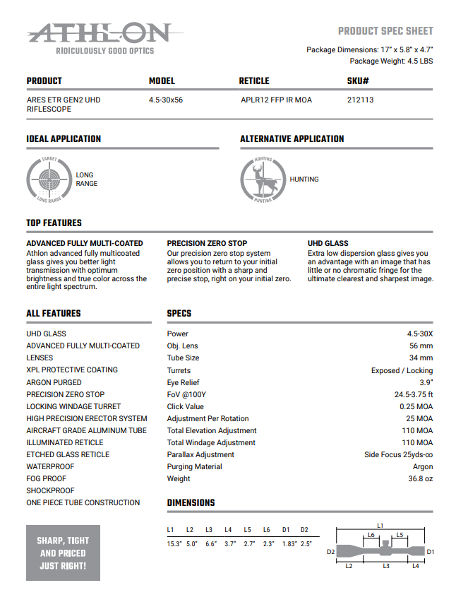 Thumbnail: Ares ETR GEN2 UHD 4.5-30x56 APLR12 FFP IR MOA Reticle