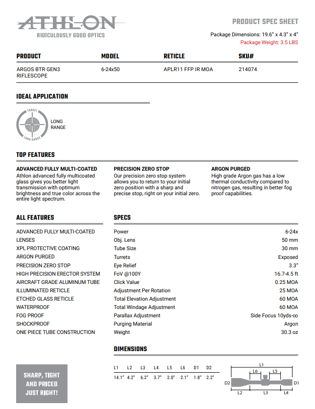 Thumbnail: Argos BTR GEN3 6-24X50 APLR11 FFP IR MOA Reticle