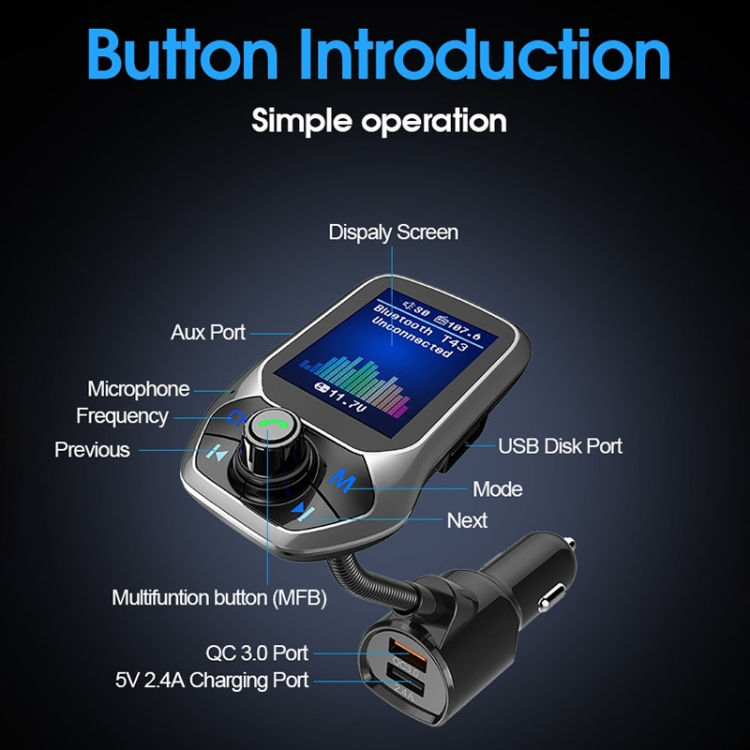 Thumbnail: T43 Multifunction Wireless Bluetooth FM Transmitter