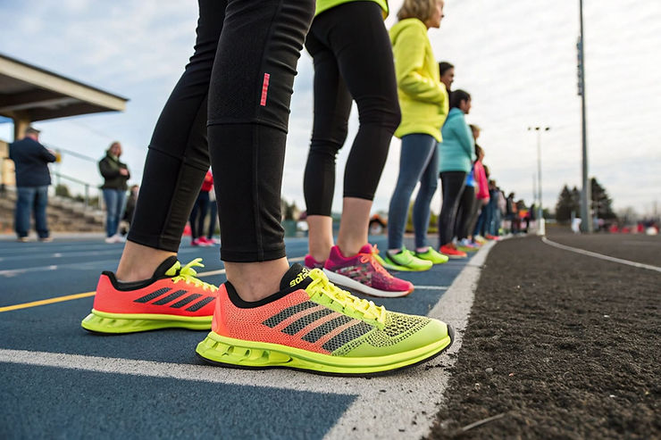 People wearing marathon shoes standing on a running track, different models and colors
