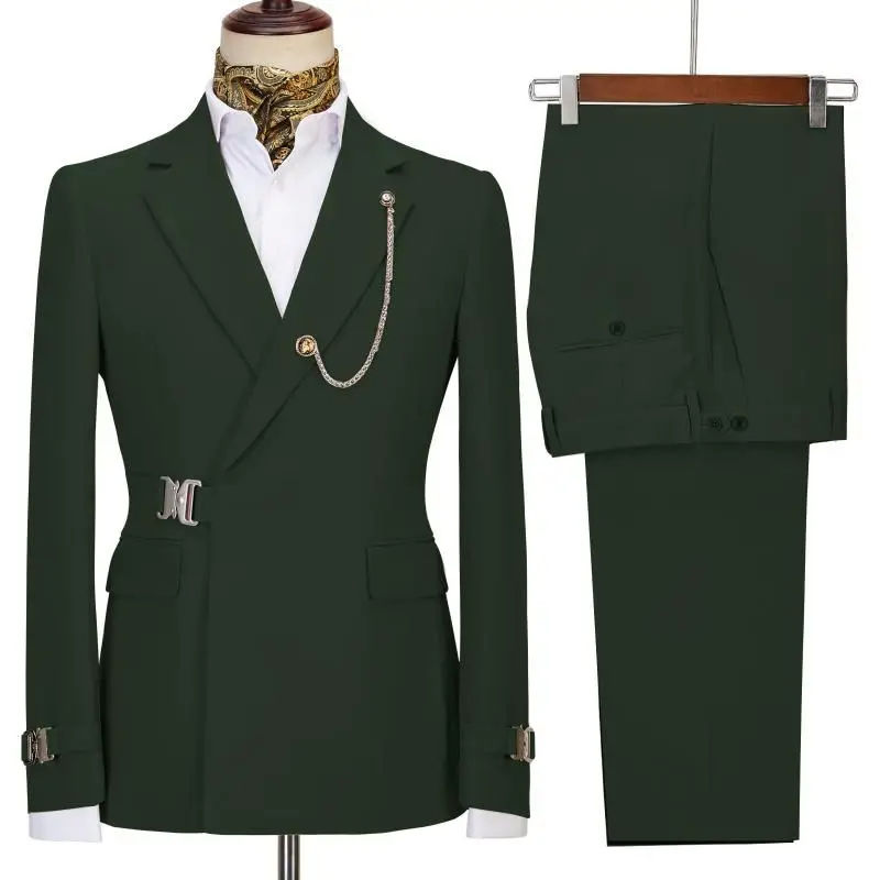 Miniature : Blazer et pantalon homme design italien vert fumé avec bouton central et coupe ajustée vue de face