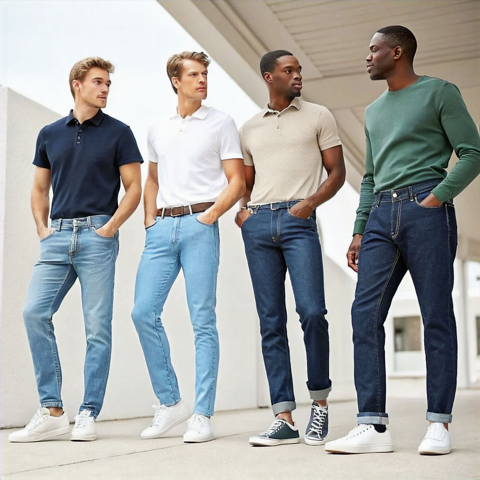 Portrait of four men (black and white) wearing perfect hourglass figure jeans, different styles and colors, front view.