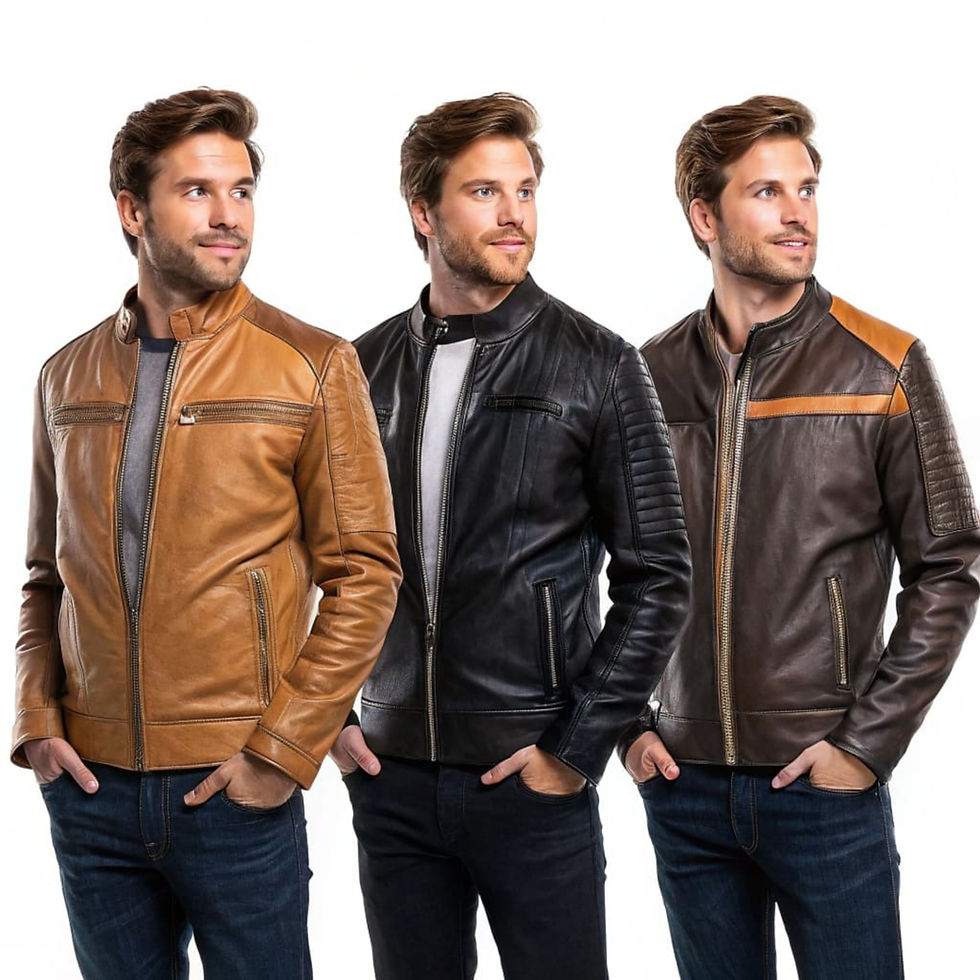 Portrait of three men wearing leather jackets of different styles, brown, dark brown and black, front view 3.