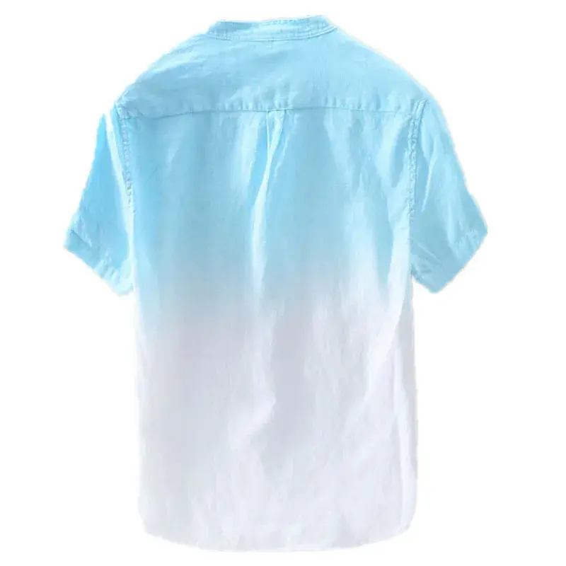 Thumbnail: Blouse décontractée coton lin bleue/blanche suspendue sur un ceintre vue de dos