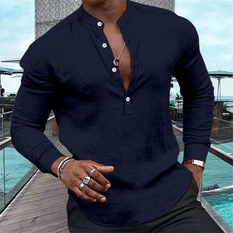 Miniature : Homme portant un Cardigan Henley Décontracté – Manches Longues, Col Demi-Pull, Uni noir vue de face