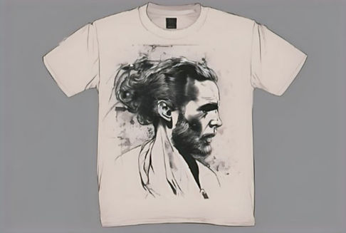 Potrait d'un t-shirt blanc avec le portrait d'un homme, vue de face.