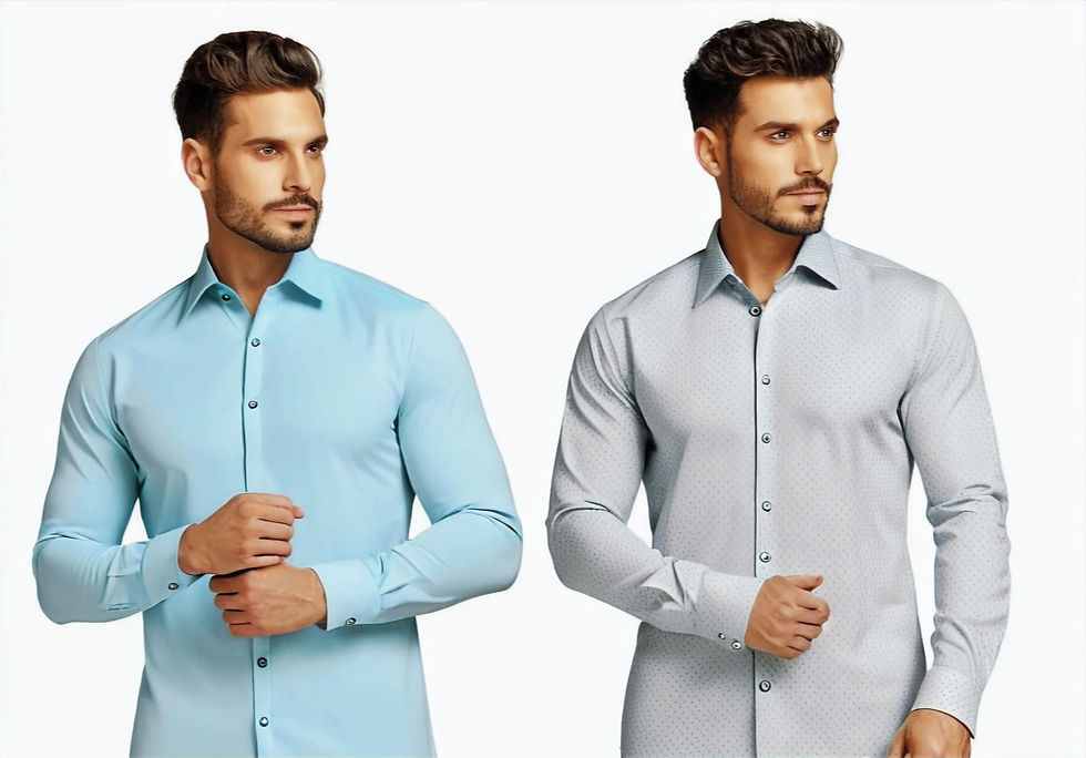 Portrait of two men wearing high quality green and light green men's shirts, front view.