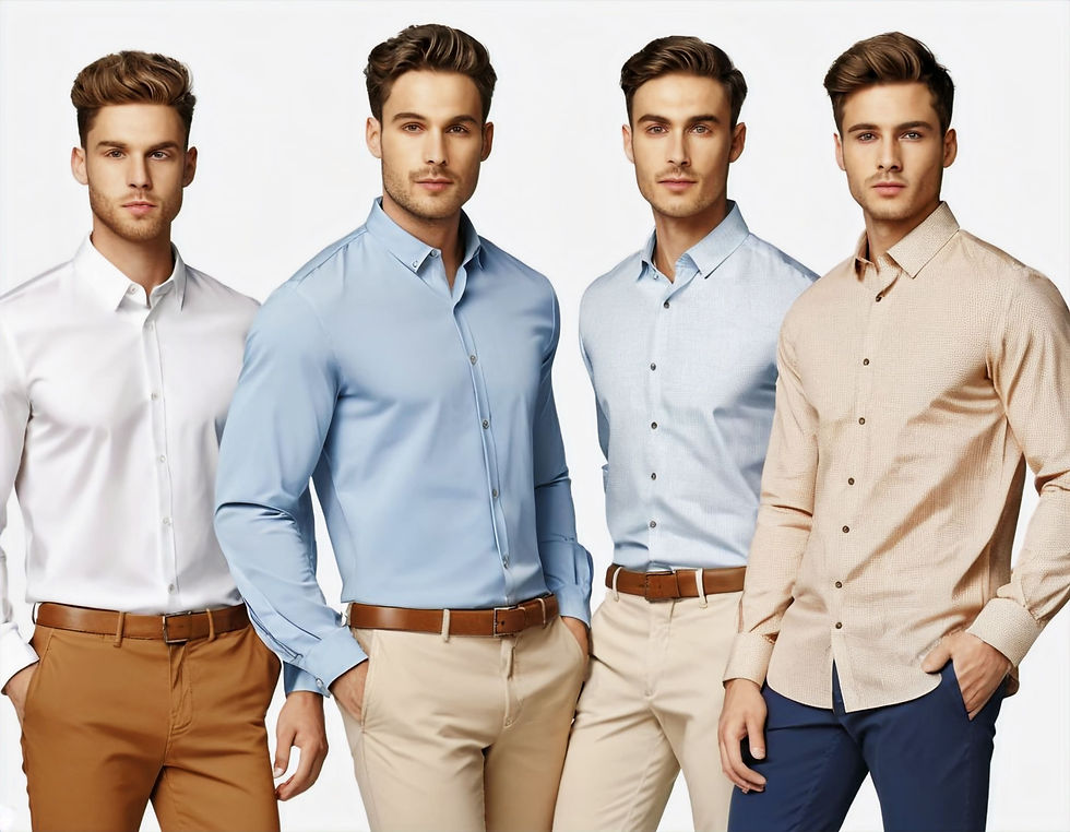 Portrait of four men in shirts, different colors, long sleeves, pants, 3 with black belts, front view.