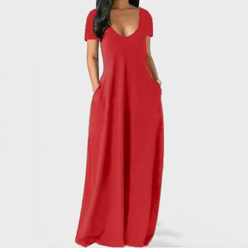Thumbnail: Femme en robe longue d'été grande taille rouge, col en V vue de face
