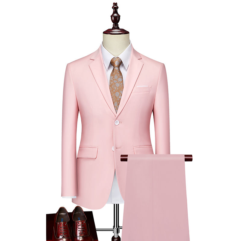 Thumbnail: Costume mariage décontracté homme rose + chemise blanche + cravate vue face complète