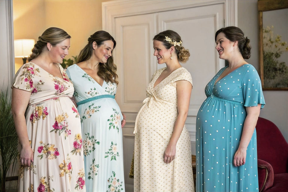4 women in family status wearing plus size dresses, different styles