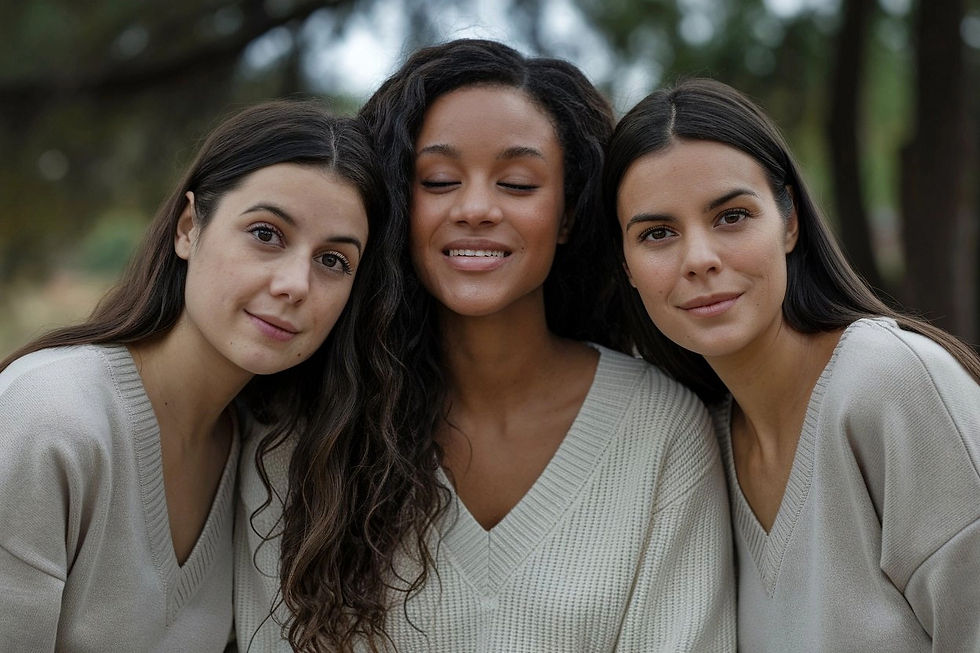 Portrait of three women, one of whom is African, wearing beige V-neck sweaters, seen from the front.