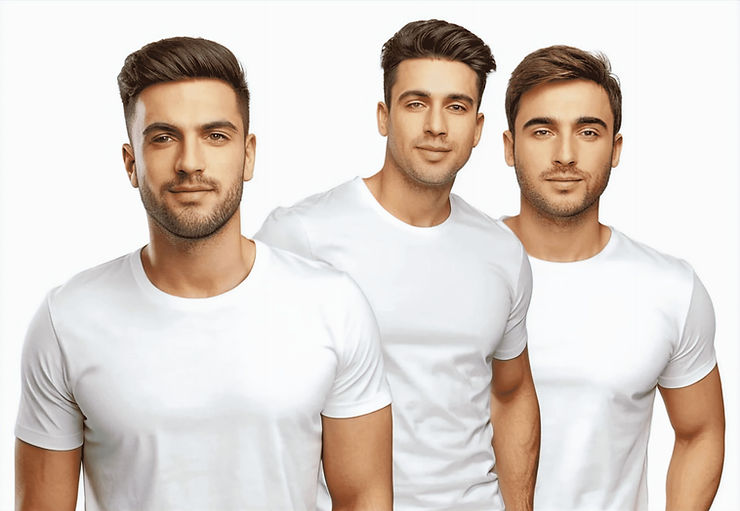 Portrait of three men wearing white short-sleeved, round-necked t-shirts, front view.