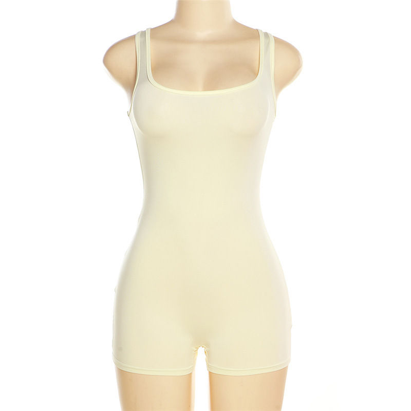 Thumbnail: Body moulant femme dos nu – Sexy, sans manches, col bateau, jaune, idéal fitness & tenue chic vue de dos