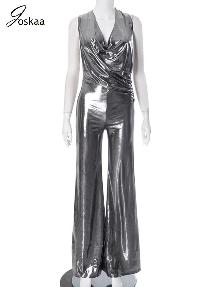 Miniature : Combinaison Femme Argentée Brillante Joskaa – Dos Nu & Jambes Larges vue de face