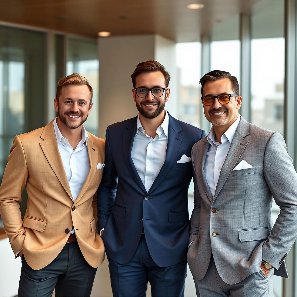 Portrait of three men, one wearing a dark yellow blazer, the other two wearing dark blue and gray suits, light glasses, front view.