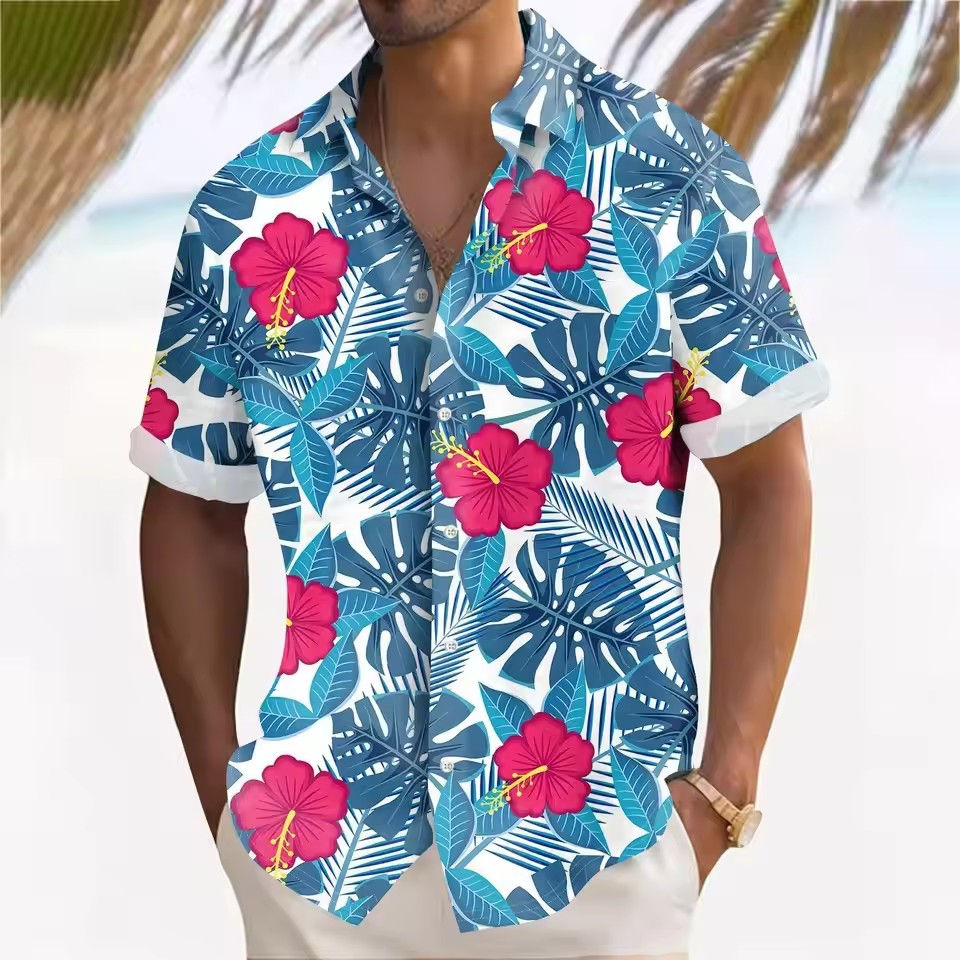 Miniature : Homme portant une Chemise  d’été à Manches Courtes – Style plage décontracté avec imprimé paysage vue de face 19