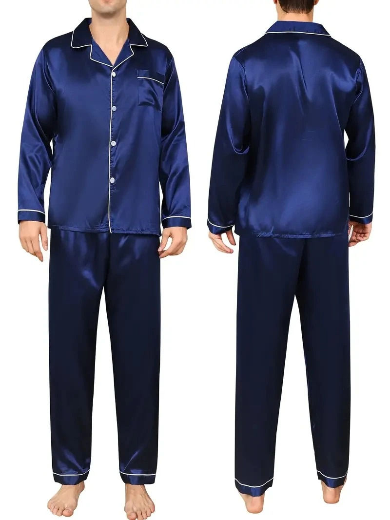 Miniature : Homme portant un ensemble pyjama en satin de soie bleu manches longues vue de face et de dos