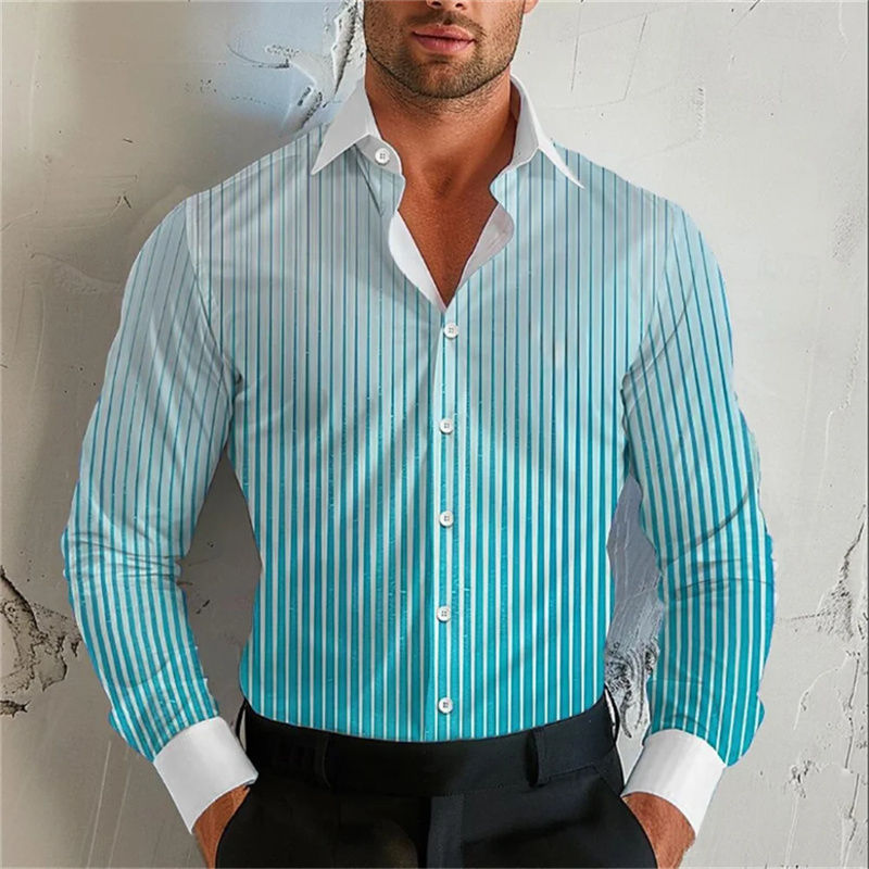Thumbnail: Homme portant une Chemise homme à rayures dégradées – Élégante & moderne, manches longues bleue 2 vue de face