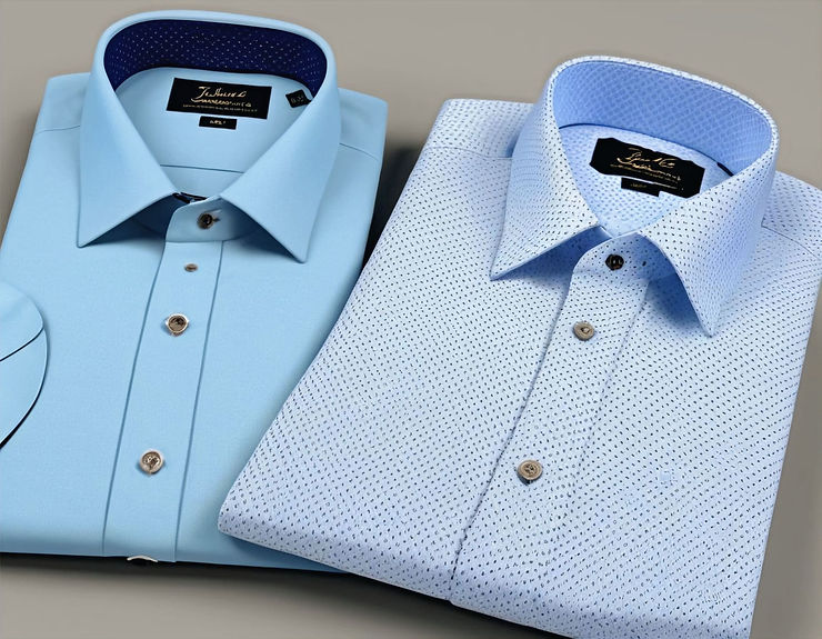 Portrait of two ironed men's shirts, blue and gray, folded, front view.