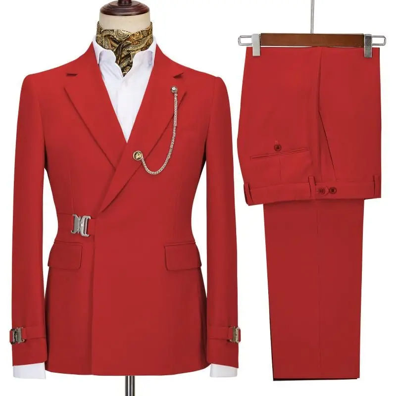 Miniature : Blazer et pantalon homme design italien rouge avec bouton central et coupe ajustée vue de face