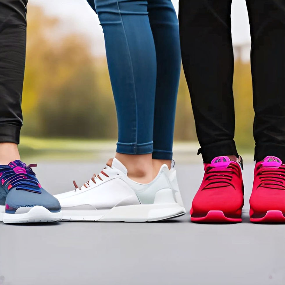 Portrait de trois personnes portant des chaussure différentes couleurs, grises, blanches et rouges, vues de face et de côté.