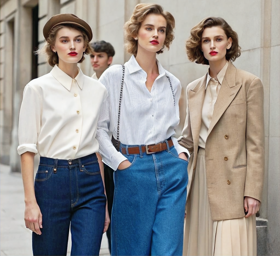 3 women wearing timeless items, front view