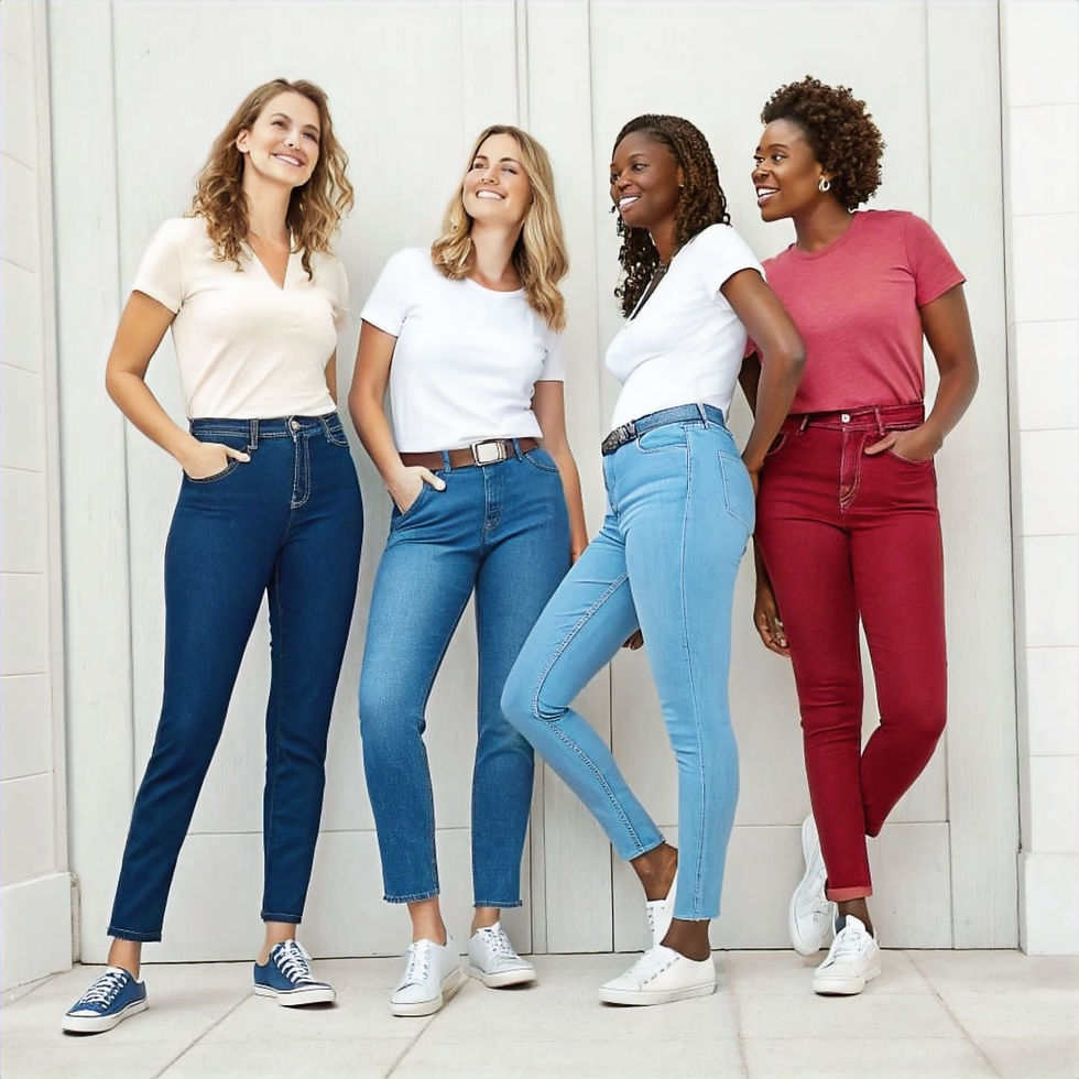 Portrait of four women (black and white) wearing best jeans cuts according to shape, different styles and colors, front view.
