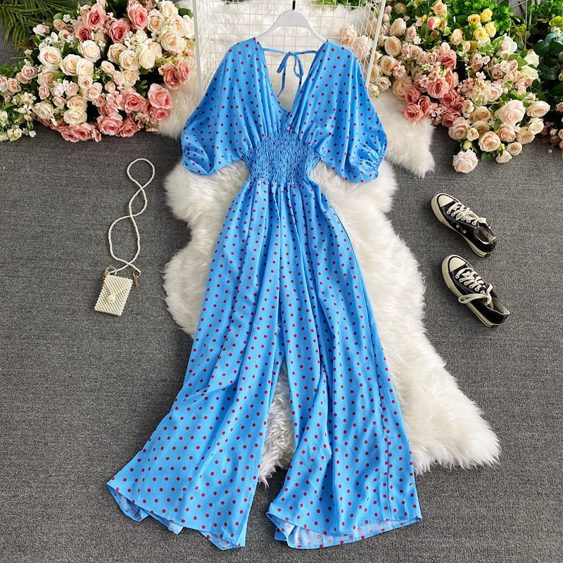 Thumbnail: Look de soirée avec combinaison à pois chic pour femme bleue