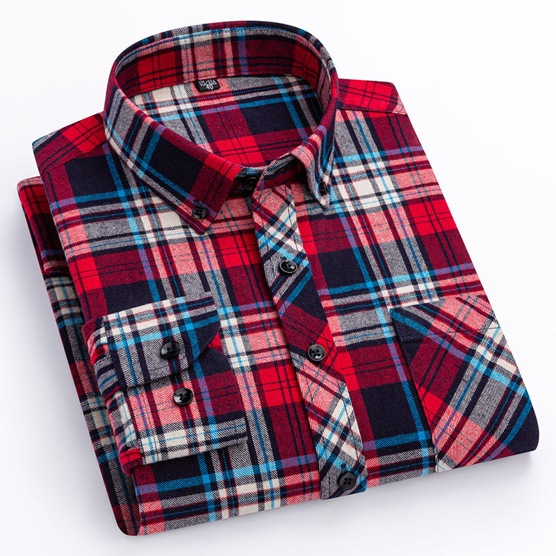 Thumbnail: Chemise en flanelle épaisse pour homme – Carreaux automnaux, manches longues pliée vue de face 13