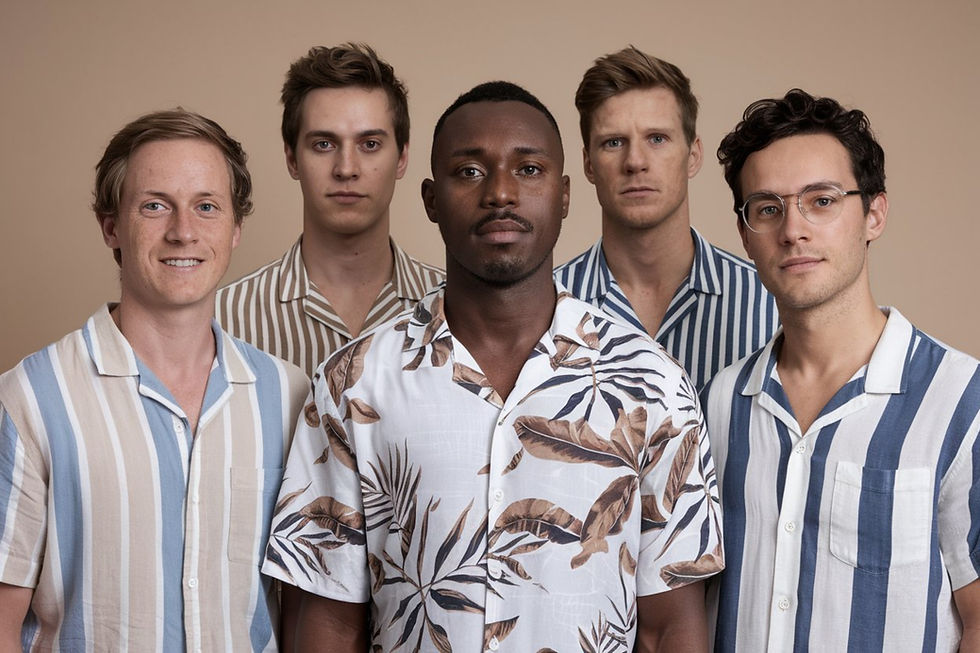 Portrait de 5 personnes dont un africain, portant des différentes chemises d'été, vue de face 1.
