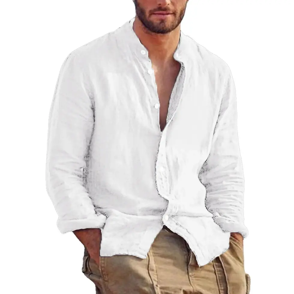 Thumbnail: Homme portant une Chemise en Lin et Coton - Manches Longues blanche