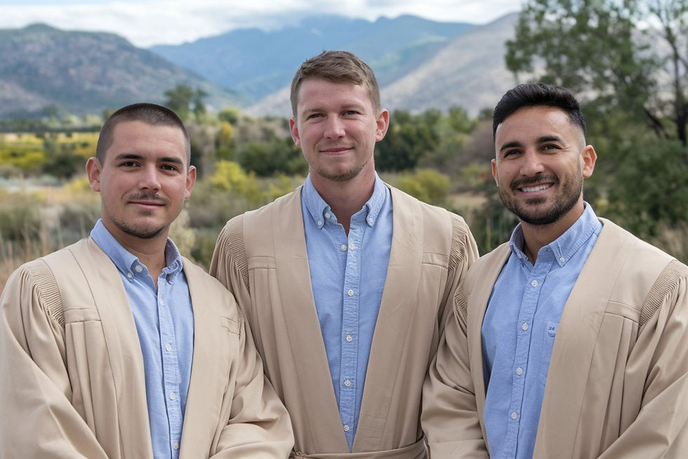 Portrait of three men wearing bardot dresses with shirts, blue, front view.