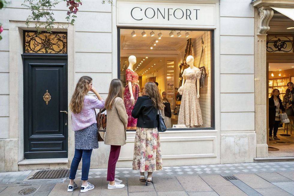 3 femmes arrêtées devant une boutique de vêtements pour femmes, vue de face.