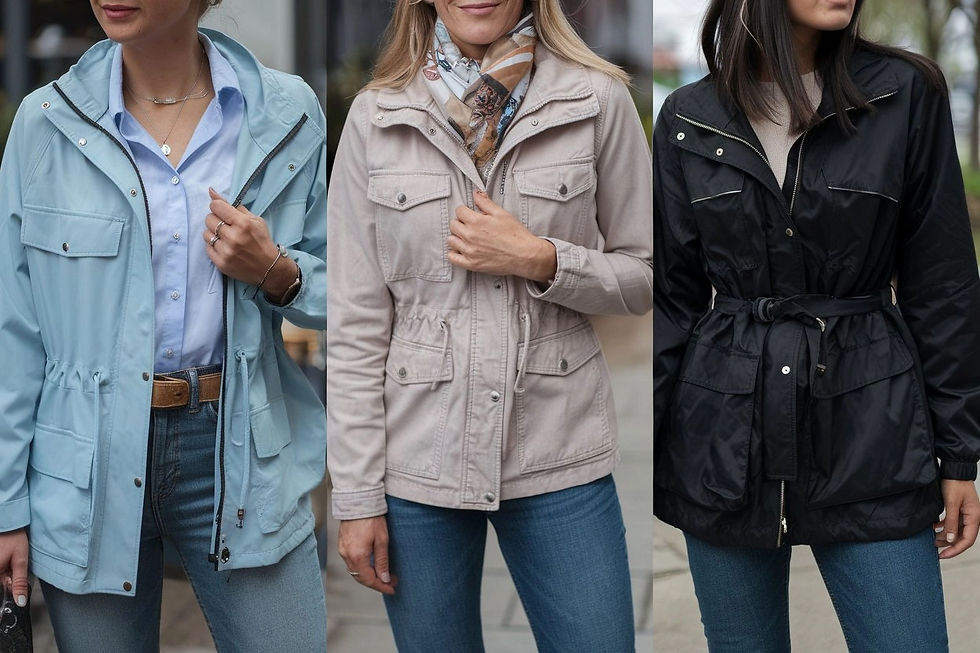 Portrait of three women wearing blue jeans and warm coats, blue, khaki and black, front view.