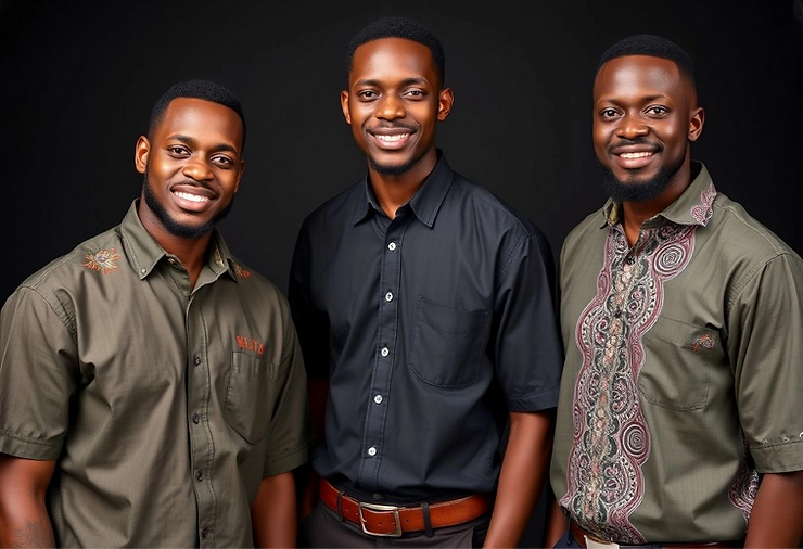 Portrait of three African men wearing short sleeve shirts, 2 green + black, front view.