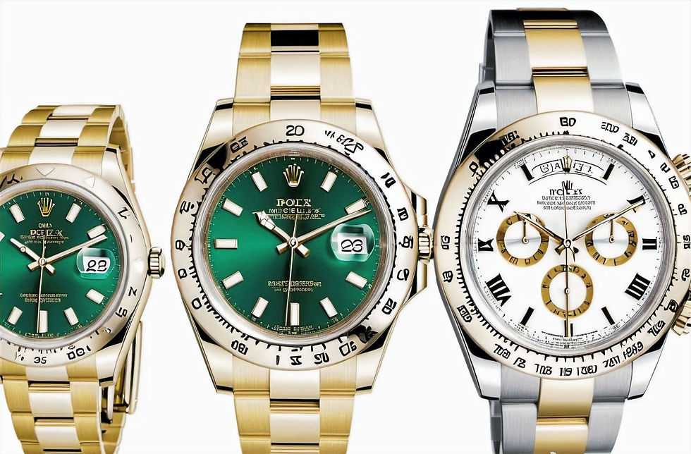 Portrait de trois montres Rolexs en or, dont deux avec des cadrans verts et l'autre, cadran blanc, vue de face.