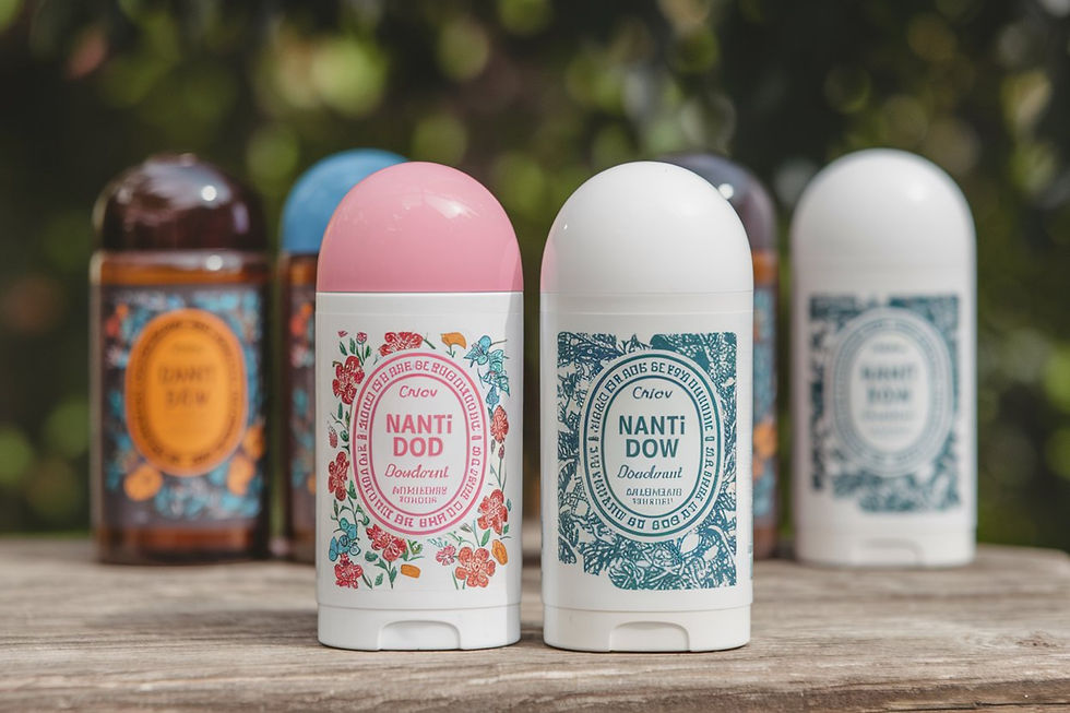 Portrait of 6 deodorants, 2 white, 2 orange, pink and blue, front view.
