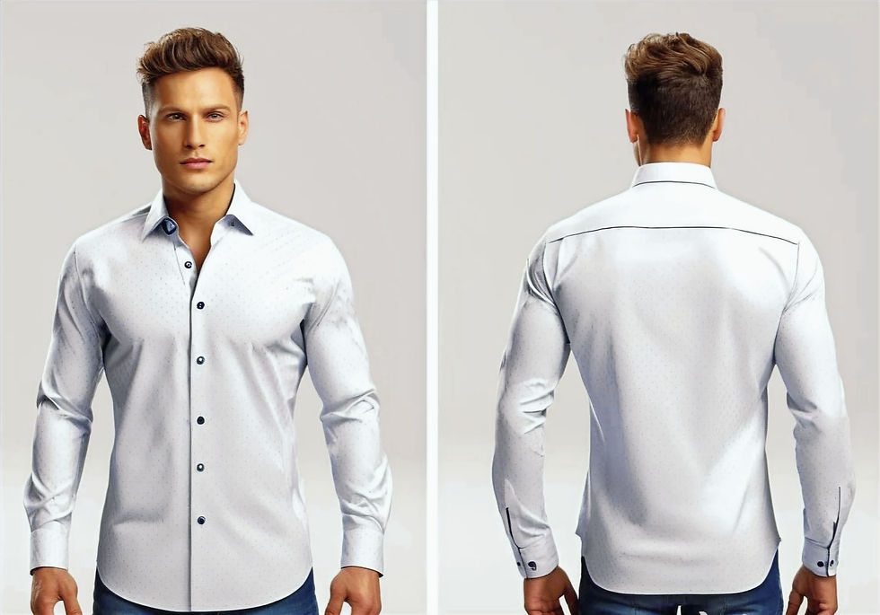 Portrait of a man wearing a high quality, white, long sleeved shirt, front and back views.